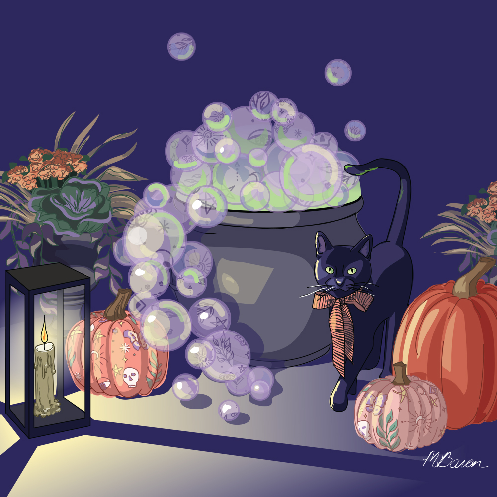 Halloween 2023 black cat and witch caldron